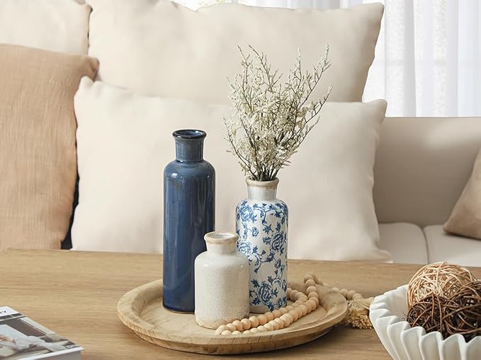 Ceramic Vintage Vases Set of 3, Blue and White Flower Decorative Vase Chinoiserie Decor Rustic Farmhouse Retro Floral Vases for Table Bookshelf Mantel Kitchen Living Room Office