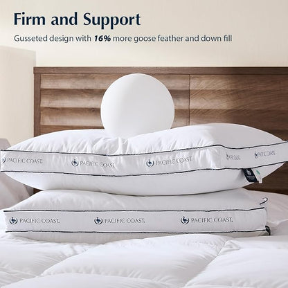 Pacific Coast Goose Feather and Down Firm Bed Pillows Standard Size Set of 2 with Gusset, Luxury Hotel Collection Pillows 2 Pack for Sleeping, Supportive for Side Sleepers and Back Sleepers