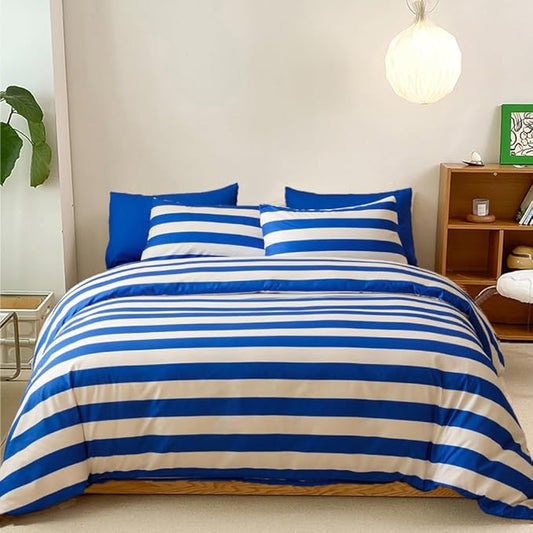 CLOTHKNOW Striped Comforter Set King 3Pcs Blue White Bedding Comforter Sets Blue White Stripes Comforter King All Season Lightweight Bed Set King