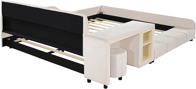 Merax Queen Upholstered Grounded Bed Mother & Child, Beige Velvet