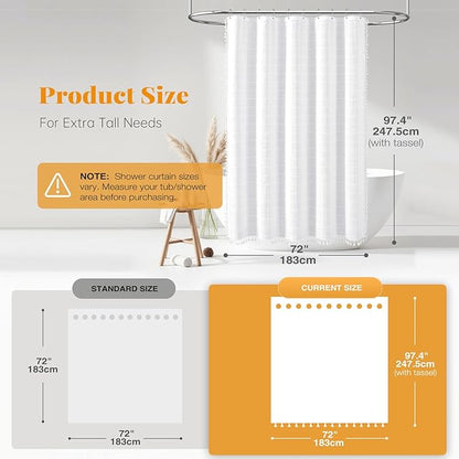 BTTN Extra Long Shower Curtain, 72x96 Inch Long Boho Chic Linen Fabric Heavy Duty Shower Curtain Set with Plastic Hooks, Tall Modern Farmhouse Aesthetic Tassel Cloth Shower Curtain for Bathroom, White