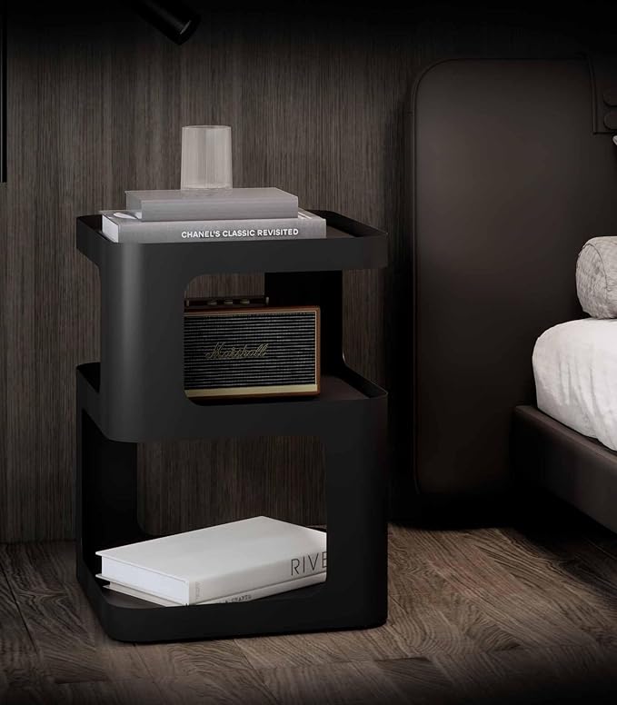 XIV Side Table, Small End Table, Modern Nightstand, Accent Bedside Table, 3 Tier Night Stands, Metal Bed Side Table for Living Room Bedroom Outdoor Entryway, No Assembly Required (Black, Square)