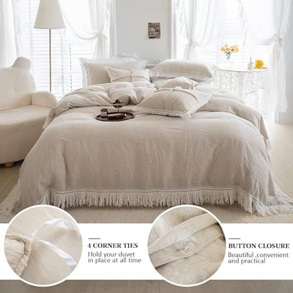 Simple&Opulence 100% Linen Boho Duvet Cover,2pcs Bohemian Textured Collection Bedding Set for All Seasons,French Country Comforter Cover Set with Pillow Shams(Twin, Tassel-Linen)