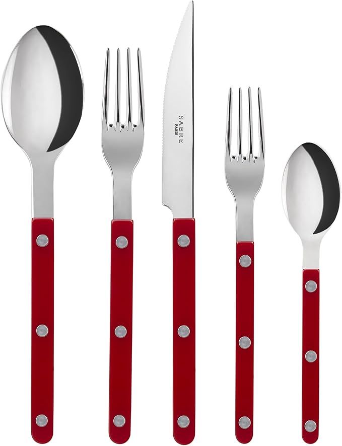 20-Piece Flatware Set for 4 - Bistrot Collection - Knife, Fork, Soup Spoon, Teaspoon & Dessert Fork - Stainless Steel & Nylon - Dishwasher Safe - Burgundy - Shiny Finish