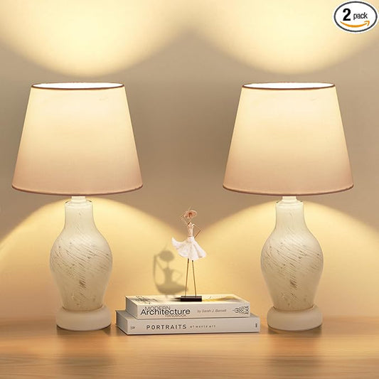 ONEWISH Table Lamps for Bedroom Set of 2, 14" Small Bedside Nightstand Lamp, Wine Bottle Shape Glass Body, Bulb Included, White