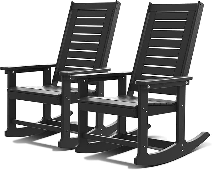 GREENVINES Outdoor Rocking Chairs | Set of 2 | Porch Rocker | HDPE Plastic | Black | Oversized Rockers | High Back | Big & Tall | Ladder Back | for Patio Outside Backyard Balcony