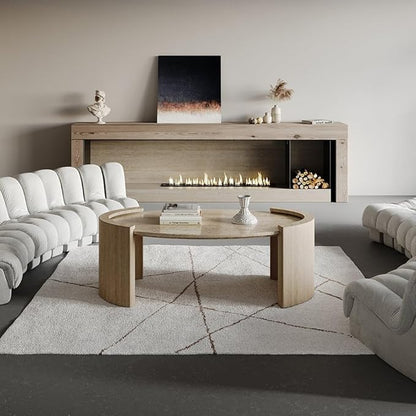 homary 43" Japandi Oval Travertine Stone Top Coffee Table – Double Pedestal Oval Coffee Table with Natural Beige Stone Surface and Engineered Wood Base for Living Room and Lounge