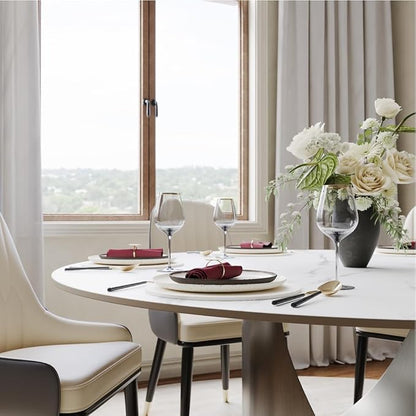 POVISON Round Dining Table, 59" Matte White Sintered Stone Top Dining Table with Gray Carbon Steel Pedestal, Modern Dining Room Table for Kitchen, Living Room (Table Only)