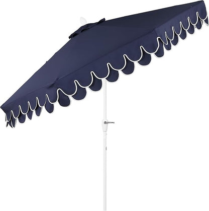 JONATHAN Y UMB1002G Tracy 9 ft. Classic MidCentury Scalloped Fringe Market Patio Umbrella with Auto-Tilt Crank, Wind Vent and UV Protection in Navy/White, White Pole