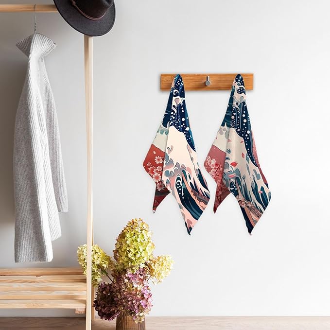 Cherry Blossom Kitchen Towels Set of 2 Japanese Ocean Wave Anime Dish Towels Gifts for Women 16x24 Tabletop Decor