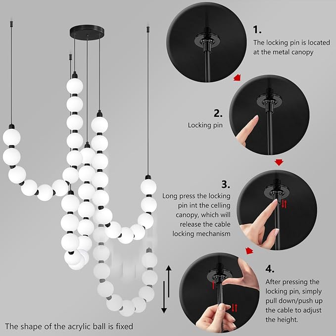 Modern Chandeliers LED Dimmable Light Acrylic Balls Ceiling Pendant Lighting for Living Room Dining Room Bedroom Adjustable Hanging Lights 70 Watts, Balck Lamp