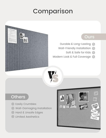 Bumusty Large Cork Board Alternative-47 x35 Felt Bulletin Board Tiles, with 30 Pushpins, 70 Adhesive Tabs, 12-Pack Slat Wall Paneling, Cork Boards for Office Push Pin Board Felt Board-Silver Mink