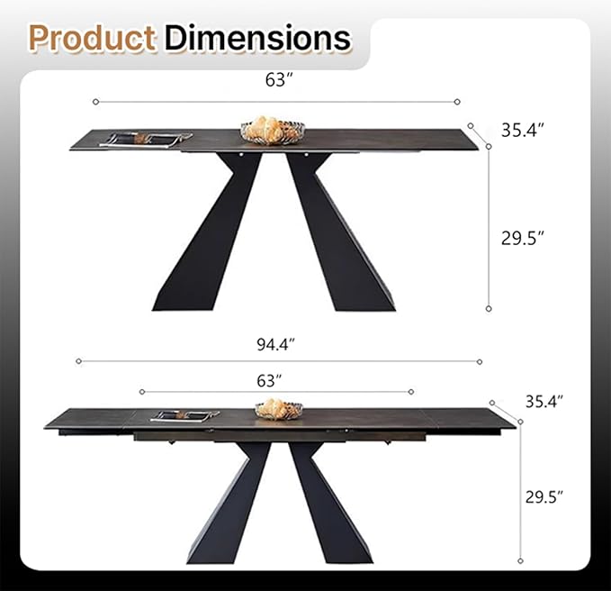 Modern Expandable Dining Table- 63" to 94.5" Extendable Dining Room Table, Gray Sintered Stone Top with Black Metal Base - Seats 6-12, Easy Assembly (Table Only)