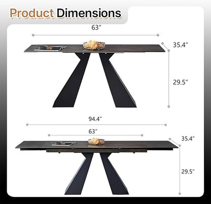 Modern Expandable Dining Table- 63" to 94.5" Extendable Dining Room Table, Gray Sintered Stone Top with Black Metal Base - Seats 6-12, Easy Assembly (Table Only)