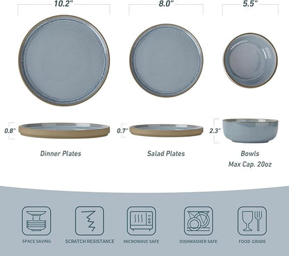 Famiware Nature Plates and Bowls Set, 24 Pieces Dinnerware Sets, Dishware Sets, Dishes Set for 8, Microwave and Dishwasher Safe, Light Blue