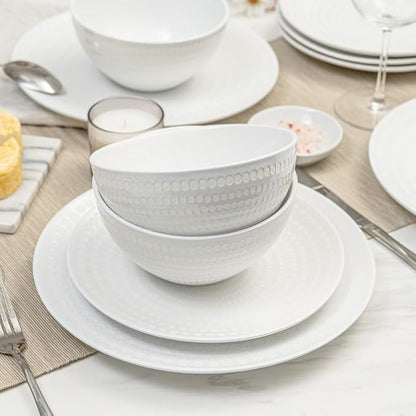 BZYOO Ceramic Dinnerware Set Serive for 4 (12 Pieces), Stoneware Plates and Bowls for Dining Pearl White Dishes Set With DOTDOT Design, Microwave Safe (12 PCS Dishes and Bow set, Bijou Collection)