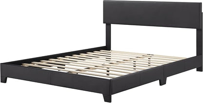Allewie Full Size Bed Frame with Adjustable Headboard, Faux Leather Platform Bed with Wood Slats, Heavy Duty Mattress Foundation, No Box Spring Needed, Noise-Free, Easy Assembly, Black