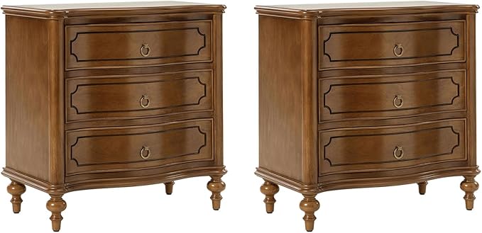 HULALA HOME Wood Nightstands Set of 2 with Charging Station for Bedroom, 3 Drawers Traditional Nightstands, Side Table with Solid Wood Legs, USB Ports & Three-Prong Plugs, SEADRIFT
