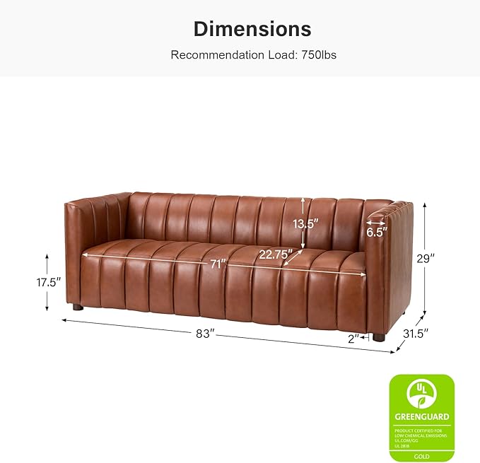 HULALA HOME 83" Genuine Leather Sofa with Channel Tufted Design, 3-Seater Sofa for Living Room Bedroom, Modern Oversized Couch with Wood Legs, Brown