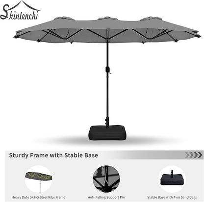 Shintenchi 16FT Large Patio Umbrella with Base, Outdoor Double-Sided Rectangular Umbrella, Market Umbrella with Crank Handle for Poolside Lawn Garden, Gray