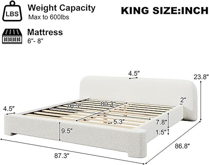 King Size Bed Frame, Upholstered Cloud Boucle Platform Beds Frames with Headboard, Anti-Collision Soft Rounded Corners Footboard, No Box Spring Required, Easy Assembly (23.8" White, King)
