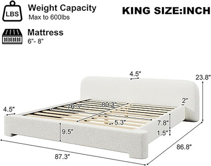 King Size Bed Frame, Upholstered Cloud Boucle Platform Beds Frames with Headboard, Anti-Collision Soft Rounded Corners Footboard, No Box Spring Required, Easy Assembly (23.8" White, King)