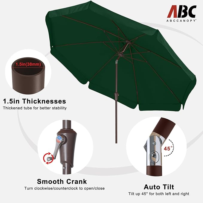 ABCCANOPY 9ft Scalloped Patio Umbrella, Outdoor Table Umbrella with Tilt and Crank, Fiberglass Ribs Deck Umbrella for Patio, Pool, Garden, Picnic (Green)