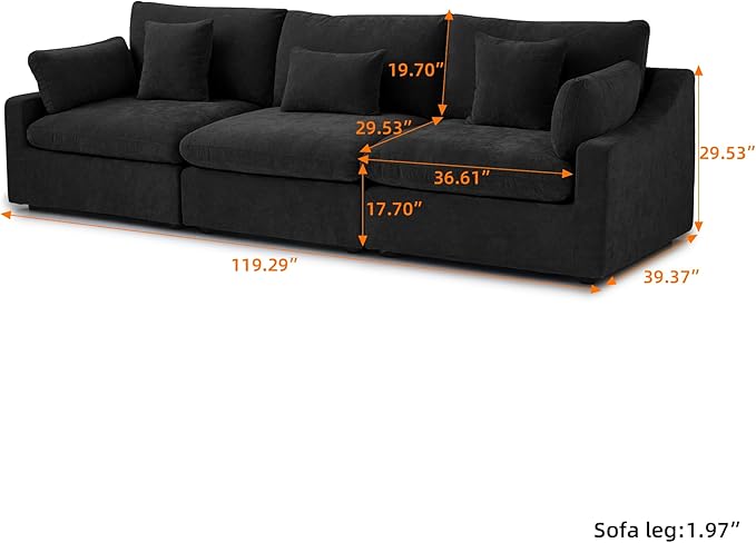 Cloud Couch Modular Sectional Sofa,119.2" 3Seater Wide Couch,Down Filled Convertible Living Room Set, Covers Washable&Replaceable,Black