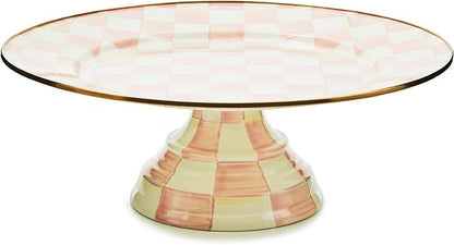 MACKENZIE-CHILDS Enamel Pedestal Platter, Round Cake Stand, Large, Pink-and-White Rosy Check