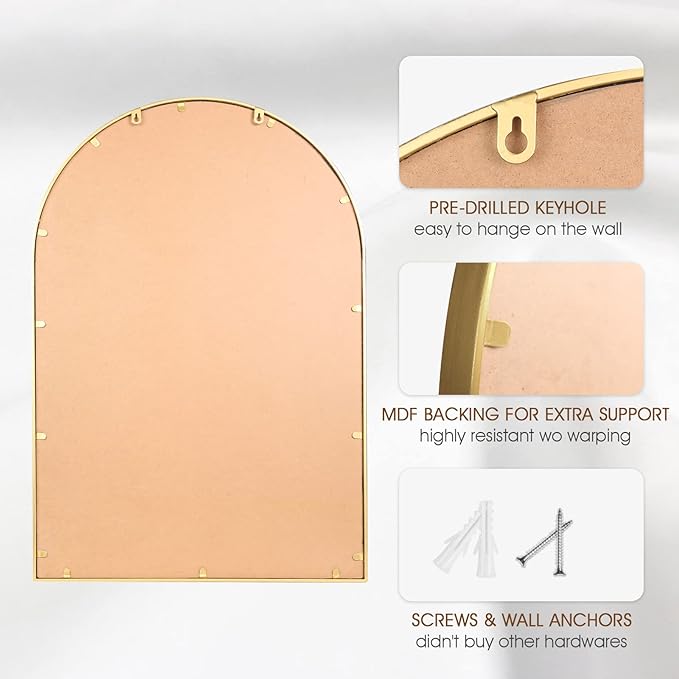 Arched Wall Mirror for Bathroom, 20"x30" Metal Beaded Frame Decorative Accent Mirror, Large Modern Distressed Hanging Wall Decor for Washroom, Bedroom, Living Room, Entryway, Antique Gold