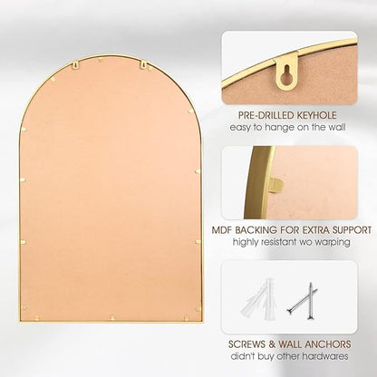 Arched Wall Mirror for Bathroom, 20"x30" Metal Beaded Frame Decorative Accent Mirror, Large Modern Distressed Hanging Wall Decor for Washroom, Bedroom, Living Room, Entryway, Antique Gold