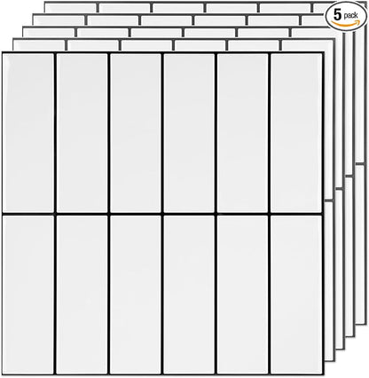 5 Pack Peel and Stick Backsplash Subway Tiles, Extra Thick 3D Wall Panels, Heat & Water Resistant,Easy DIY Kitchen,Bathroom, Laundry, Fireplace & Rental Home Wall Décor (12 x 12 in), White Black Grout