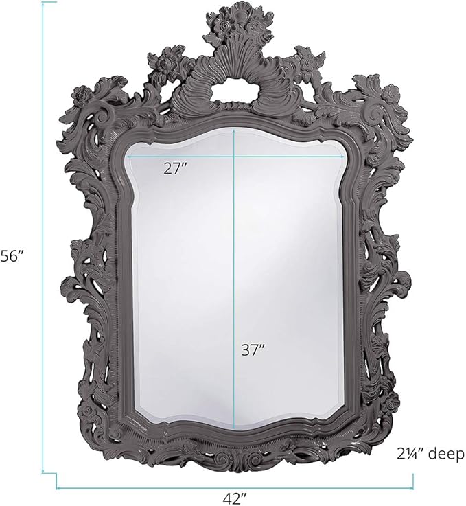 Howard Elliott Turner Large Ornate Mirror, Charcoal Gray Ornate Mirror Beveled Edges Rectangular Vanity Mirror with Baroque Scroll Pattern for Bedroom, Living Room, Bathroom & Entryway, 56 x 42 Inch
