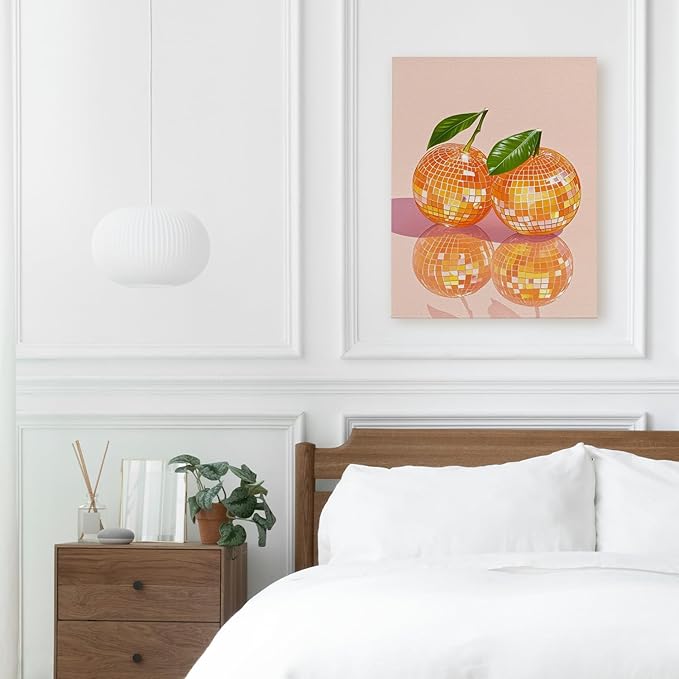 APJYM Funky Y2K Disco Ball Orange Wall Art, Trendy Retro 70s Preppy Pink Girly Orange Aesthetic Canvas Wall Art for Girls Room Bedroom Dorm Apartment Decor, 11x14 Inches Framed