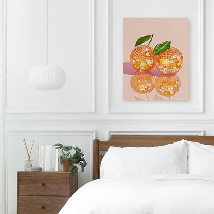 APJYM Funky Y2K Disco Ball Orange Wall Art, Trendy Retro 70s Preppy Pink Girly Orange Aesthetic Canvas Wall Art for Girls Room Bedroom Dorm Apartment Decor, 11x14 Inches Framed