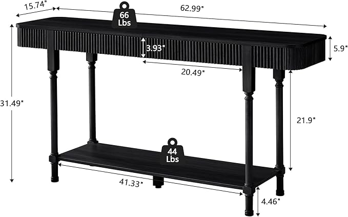 63'' Fluted Console Table with 2 Drawers, 2-Tier Long Entryway Tables with Open Storage, Wooden Narrow Sofa Table Behind Couch, Foyer Accent Table for Living Room, Hallway, Entrance (Black)