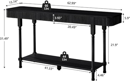 63'' Fluted Console Table with 2 Drawers, 2-Tier Long Entryway Tables with Open Storage, Wooden Narrow Sofa Table Behind Couch, Foyer Accent Table for Living Room, Hallway, Entrance (Black)