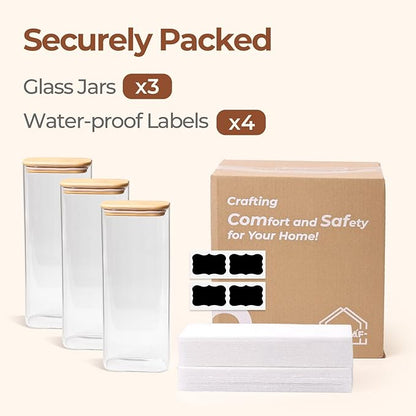 ComSaf 2.2 Qt Rectangle Glass Storage Containers with Lids, Glass Jars with Bamboo Lids, Clear Food Storage Jar, Tall Spaghetti Container, Pantry Storage Container for Pasta Flour Oats Nuts Rice