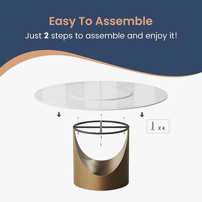 POVISON 60" Round Dining Table for 4-6 with Lazy Susan, 60" Glossy White Sintered Stone Tabletop Bronze Carbon Steel Pedestal