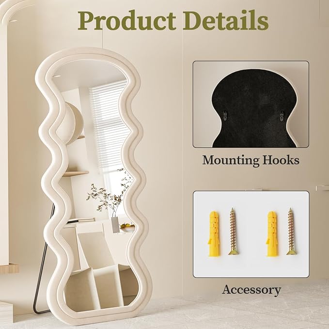 Koonmi 71"x32" Irregular Mirror Full Length, Large Full Body Freely Standing Mirror, Flannel Wave Floor Mirror with Stand for Bedroom, Living Room, Hanging or Against The Wall, White