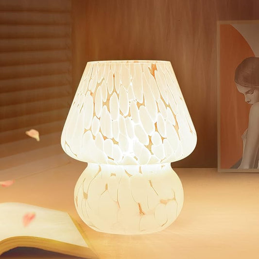 ONEWISH Mushroom Lamp Small Table Lamp-Nightstand Nightlight Dimmable Stepless, Translucent Glass White Desk Lamp for Bedroom Dorm Living Kitchen, Murano Style Aesthetic Cute Home Decor
