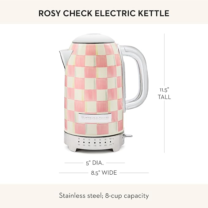 MACKENZIE-CHILDS Electric Kettle, Stainless-Steel Appliances Kettle, Pink-and-White Rosy Check