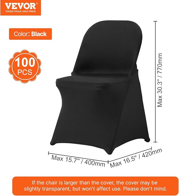 VEVOR Stretch Spandex Folding Chair Covers, Universal Fitted Chair Cover, Removable Washable Protective Slipcovers, for Wedding, Holiday, Banquet, Party, Celebration, Dining (100PCS Black)