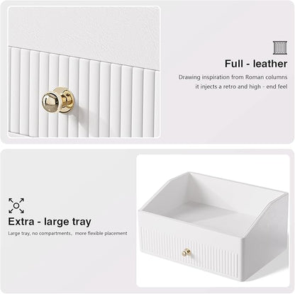Desk Accessories,Beige White Vegan Leather Office Organizer with 1 Drawer & Tray,Pen Holder with Gold-Tone Metal Accents Knob,Bedroom.