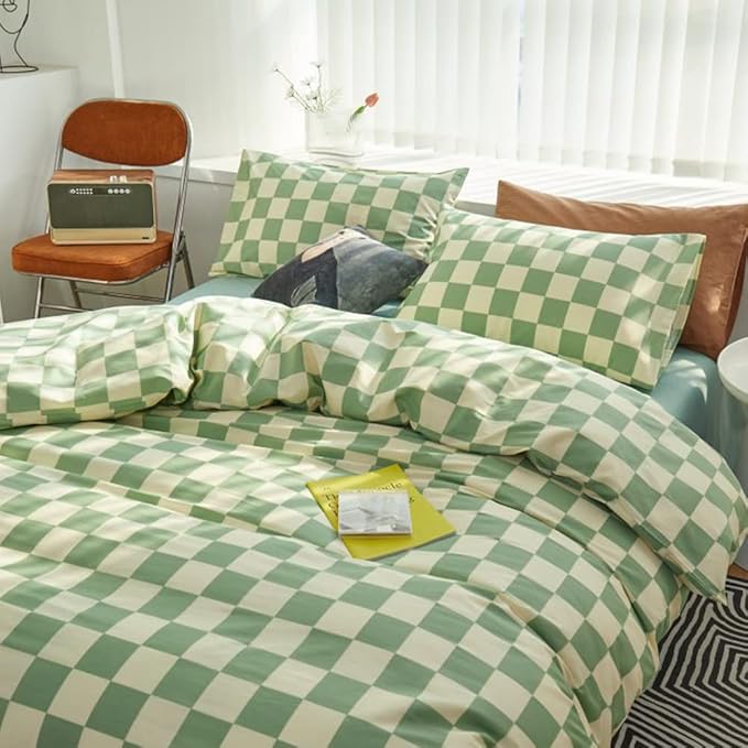 CLOTHKNOW Green White Plaid Twin/Twin XL Comforter Set Grid Bedding Comforter Sets Buffalo Checnker Comforter Soft Green White Comforter Sets