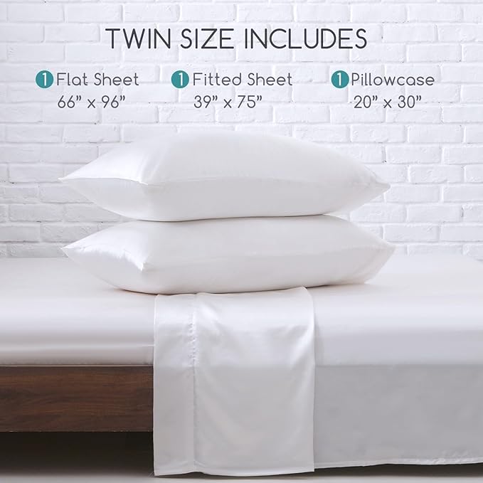 MR&HM Satin Bed Sheets, Twin Size Sheets Set, 3 Pcs Silky Bedding Set with 15 Inches Deep Pocket for Mattress (Twin, White)