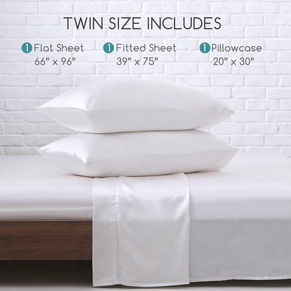 MR&HM Satin Bed Sheets, Twin Size Sheets Set, 3 Pcs Silky Bedding Set with 15 Inches Deep Pocket for Mattress (Twin, White)