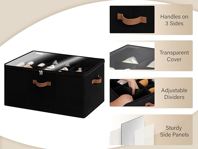 StorageWorks Shoe Organizer for Closet, Fits up to 24 Pairs, Shoe Cubby Storage Containers with Adjustable Dividers and Clear Cover, Black
