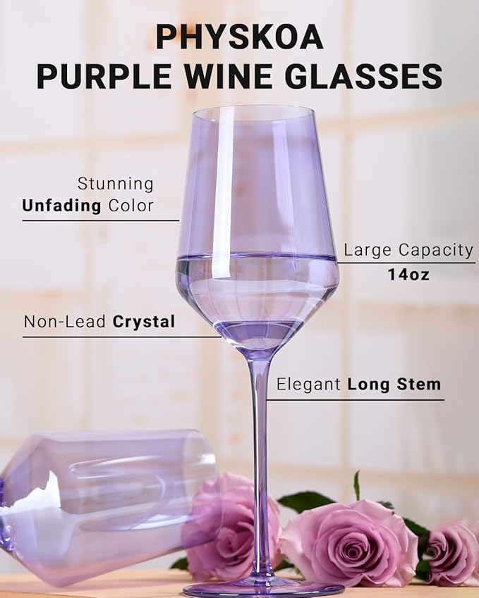 Physkoa Lavender Purple Wine Glasses Set of 6-15oz Hand Blown Crystal Colored Wine Glasses with Long Stem, Wedding, Birthday, Christmas Glassware Gifts for Lovers