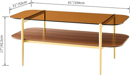 AGV LIGHTING Tadio Glass Coffee Table, Mid-Century Modern Coffee Table for Living Room, Gold Finish Leg, Coffee Brown Glass Top & Walnut Brown Shelf, Rounded Corners